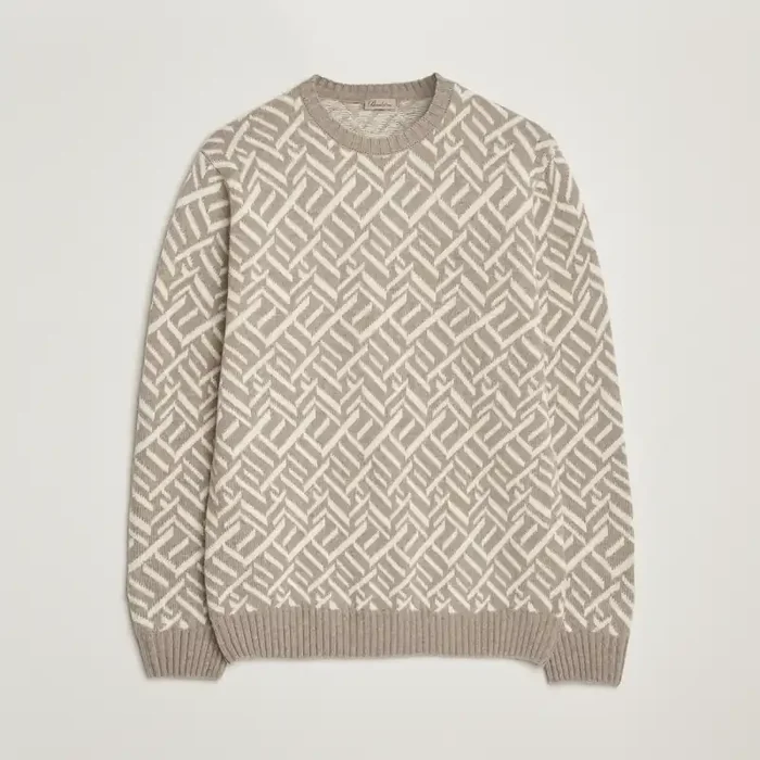 Brushed Merino Vintage Pattern Crew Neck White/Brown