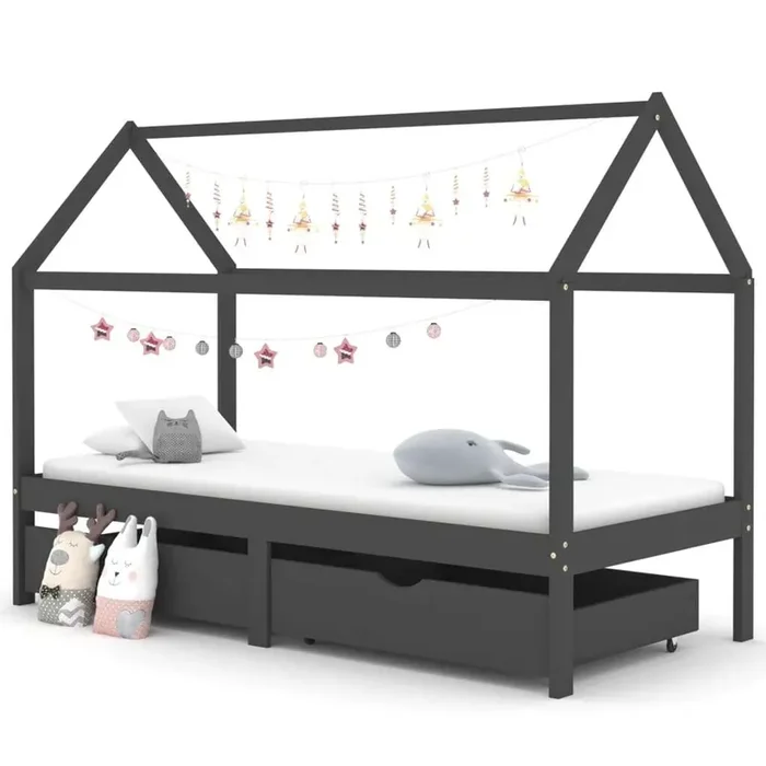 Giroletto Bambini Cassetti Grigio Scuro Pino Massello 90×200 cm