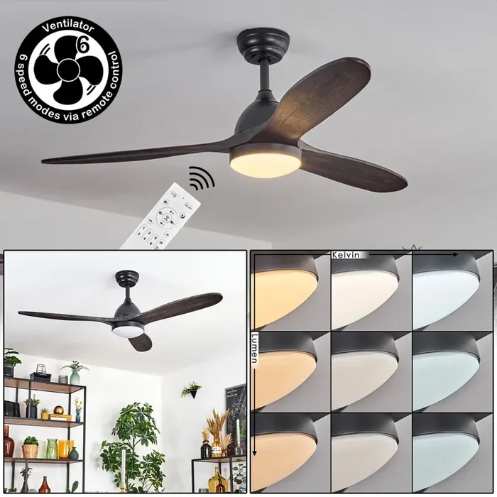 Mosstena Plafoniera, Lampada con ventilatore LED Legno scuro, Nero, 1-Luce, Telecomando Nuovo Arrivo