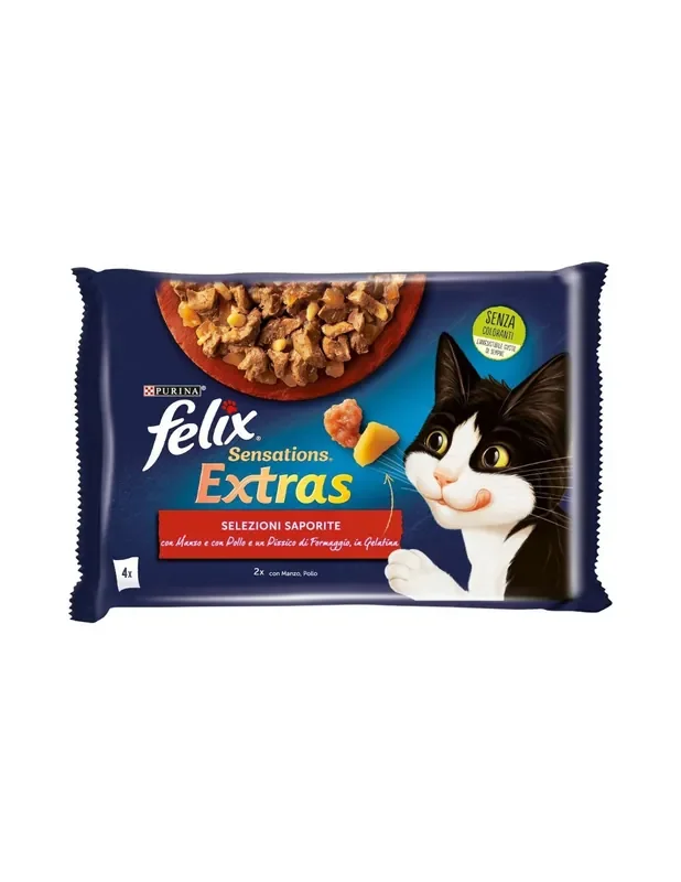 Purina Felix Sensations Extras Cibo Umido per Gatti Manzo e Pollo con Formaggio 4×85 g